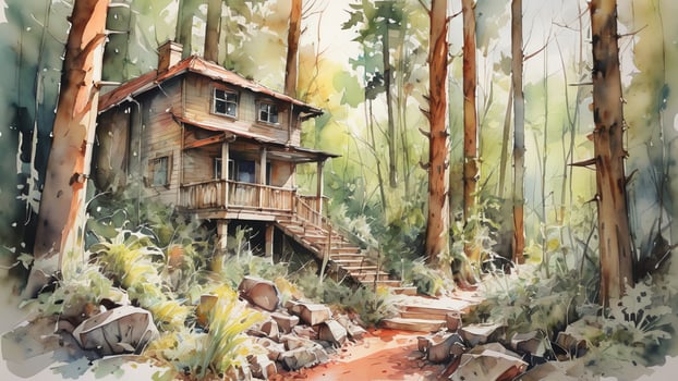 watercolor painting of a house in the woods photo
