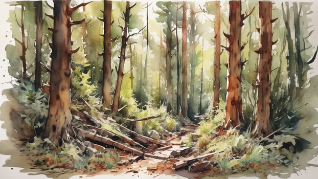 watercolor painting of a forest path in the woods photo