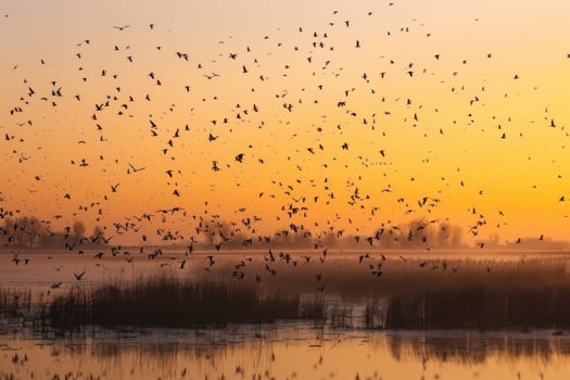 Sunset Over Tranquil Lake with Birds photo
