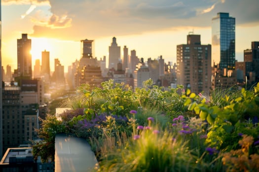 Urban Rooftop Garden at Sunset photo