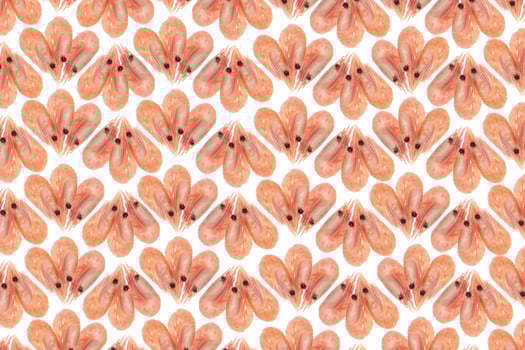 Isolated boiled shrimps background. Cooked prawns snack pattern. photo
