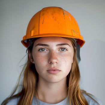Young female engineer with helmet at construction site. Caucasian woman in safety gear, professional photo