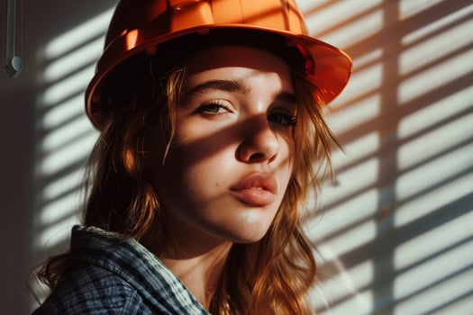 Stylish, confident female architect in hardhat, posing outdoors. Attractive, professional woman in photo