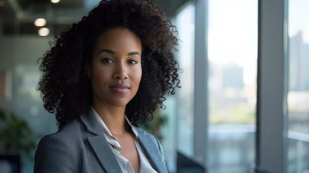 Smiling African American woman, vibrant and confident. Modern lifestyle portrait of young photo