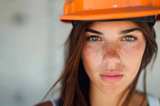 Professional female engineer, architect in hardhat at construction site. Young woman working, safety photo