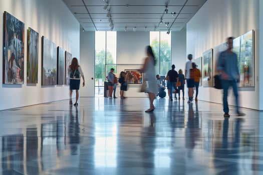 Modern art museum, interior gallery. Person exploring cultural tourism, exhibition architecture. photo