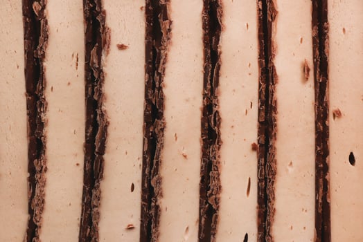 Sliced chocolate with white nougat stripes filling background. Sweet delicious texture. photo