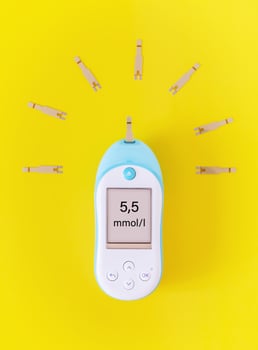A blood glucose meter with test strips in the form of sunlight on a bright yellow background photo
