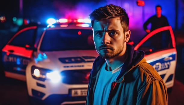 photo of portrait close up view of criminal suspect in crime scene standing in front of police car at night and red blue light,