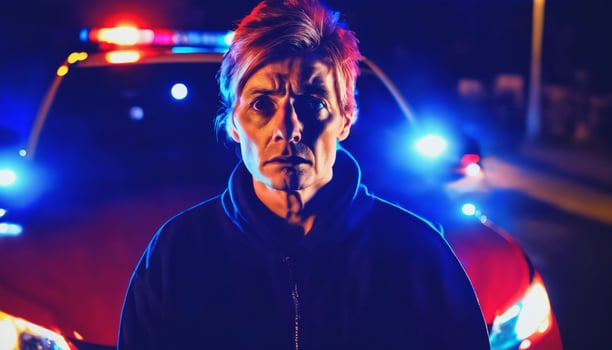 photo of portrait close up view of criminal suspect in crime scene standing in front of police car at night and red blue light,