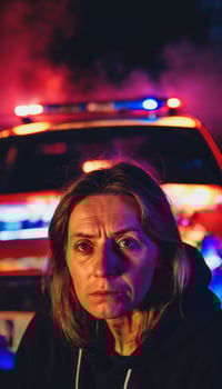 photo of portrait close up view of criminal suspect in crime scene standing in front of police car at night and red blue light,