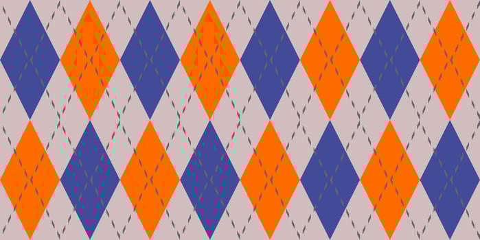 Orange Dark Blue Seamless Argyle Pattern. Retro Fabric Background. Traditional Rhombus Diamond Textile Texture. photo