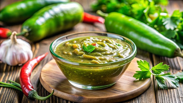 mexican hot sauce in a glass bowl with fresh green peppers and garlic photo