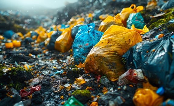 Garbage on landfill full of plastic bags and bottles. Environmental pollution photo