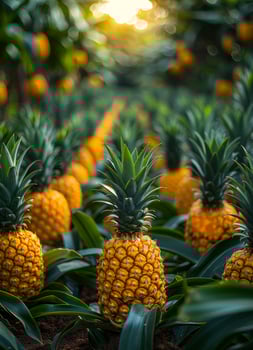 Pineapples in plantation. Field of pineapple plants with large and tall leaves photo