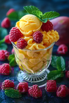 Yellow pasta in glass bowl with raspberries and mint photo