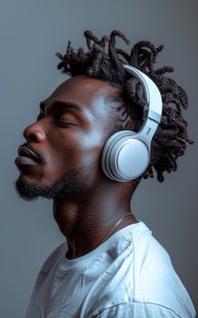 Young american man with dreadlocks is listening to music on headphones. photo