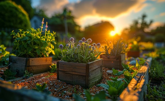 Herbs in wooden pots growing in the garden sunset photo