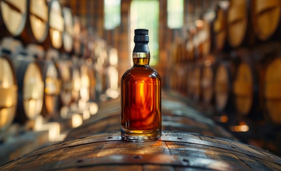 Bottle of whiskey on the background of oak barrels in the cellar photo
