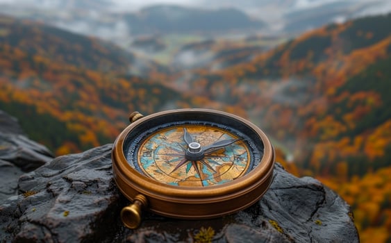 Compass sitting on rock with forest in the background photo