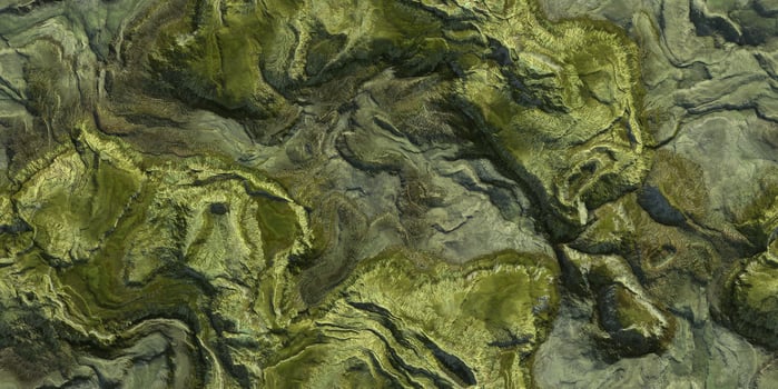Green grass landscape topography top view texture. 3D geography mountain district map atop background. Hills field landform from above view backdrop. photo