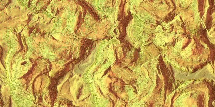 Yellow rock hills field landform from above view backdrop. Landscape topography top view texture. 3D geography mountain district map atop background. photo