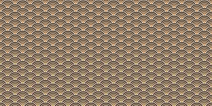 Yellow Brown Traditional Japan Background. Oriental Asia Ornament Texture. National China Backdrop. Seamless Seigaiha Pattern. photo