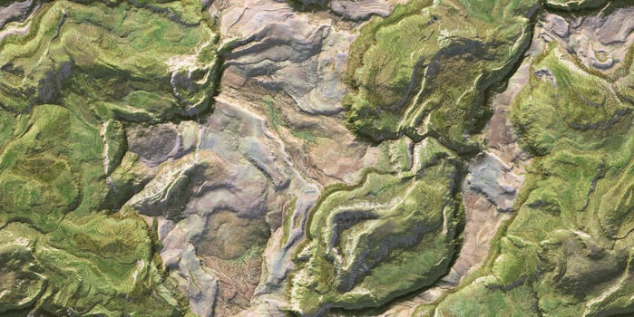 Green landscape topography top view texture. 3D geography mountain district map atop background. Hills field landform from above view backdrop. photo