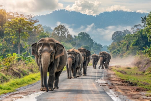 A group of Asian elephants walking along the road. Blurred background. Thailand landscape photo