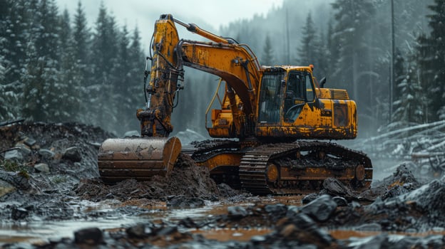A yellow construction vehicle is driving through a muddy field photo
