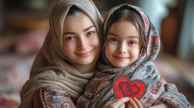 A woman and a child are holding a red heart photo