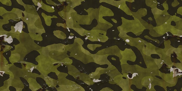 Military dirty green khaki with holes and rusty smudges painted wall backdrop. Corroded dirty steel sheet. Metal texture. Grunge metallic background. photo