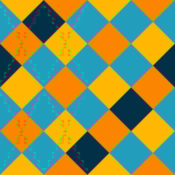 Yellow Orange Blue Black Large Diagonal Seamless French Checkered Pattern. Big Inclined Colorful Fabric Check Pattern Background. 45 degrees Classic Checker Pattern Design Texture. photo