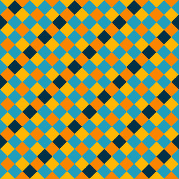 Yellow Orange Blue Black Seamless Diagonal French Checkered Pattern. Inclined Colorful Fabric Check Pattern Background. 45 degrees Classic Checker Pattern Design Texture. photo