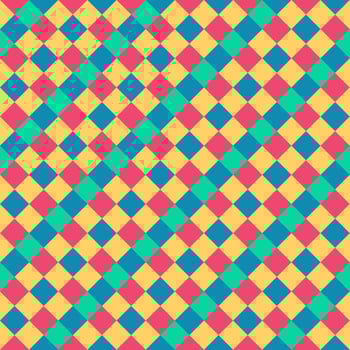 Pink Yellow Green Blue Seamless Diagonal French Checkered Pattern. Inclined Colorful Fabric Check Pattern Background. 45 degrees Classic Checker Pattern Design Texture. photo