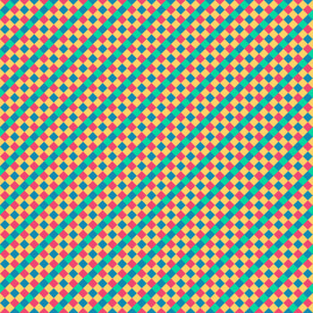 Pink Yellow Green Blue Seamless Small Diagonal French Checkered Pattern. Little Inclined Colorful Fabric Check Pattern Background. 45 degrees Classic Checker Pattern Design Texture. photo