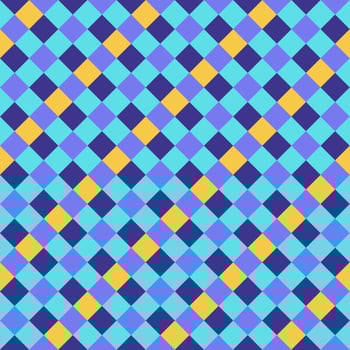 Purple Yellow Blue Lilac Seamless Diagonal French Checkered Pattern. Inclined Colorful Fabric Check Pattern Background. 45 degrees Classic Checker Pattern Design Texture. photo