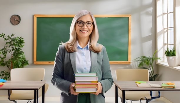 Classroom Charm. Smiling Teacher Poses with Books photo