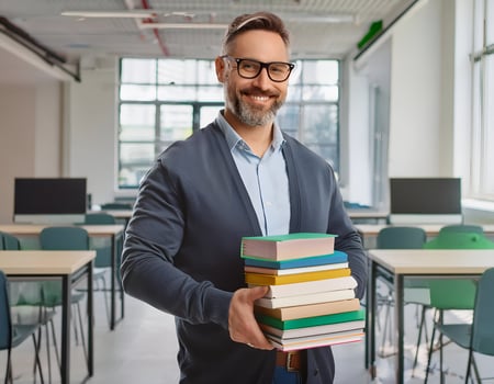 Bookish Bliss. Portrait of a Smiling Teacher in Classroom photo