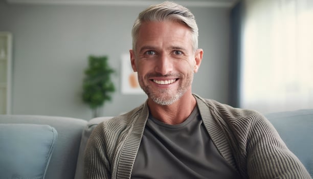 Radiant Serenity. Close-Up Portrait of a Smiling Mature Man Looking Directly at the Camera, Striking a Pose for a Photo, Relaxing on a Cozy Couch in the Comfort of His Living Room photo