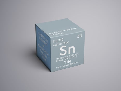 Tin. Stunnam. Post-transition metals. Chemical Element of Mendeleev's Periodic Table.. 3D illustration. photo