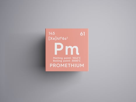Promethium. Lanthanoids. Chemical Element of Mendeleev's Periodic Table. 3D illustration. photo