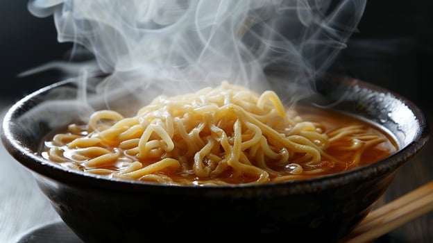 A steaming bowl cradles solid noodles immersed in a spicy broth, inviting a dive into its comforting warmth photo