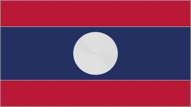 Laos embroidery flag. Laotian emblem stitched fabric. Embroidered coat of arms. Country symbol textile background. photo