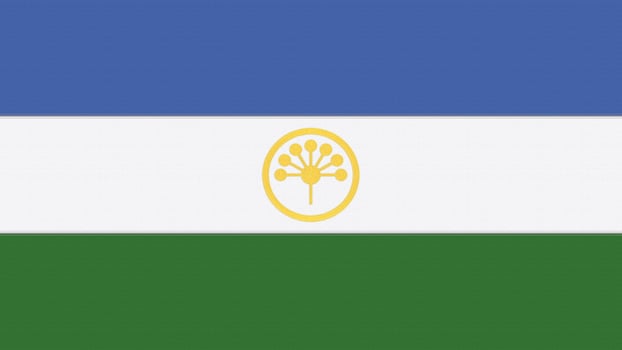 Bashkortostan embroidery flag. Bashkortostan emblem stitched fabric. Embroidered coat of arms. Country symbol textile background. photo