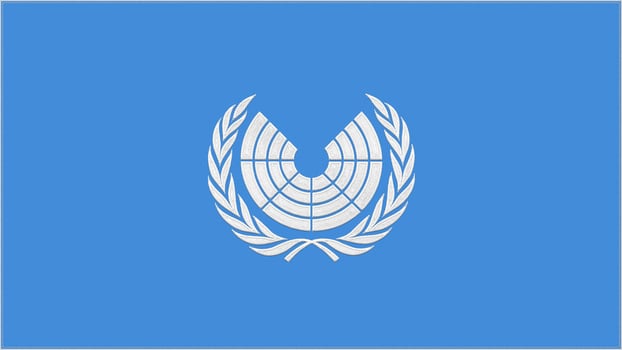 UNPA - United Nations Parliamentary Assembly embroidery flag. Emblem stitched fabric. Embroidered coat of arms. Country symbol textile background. photo