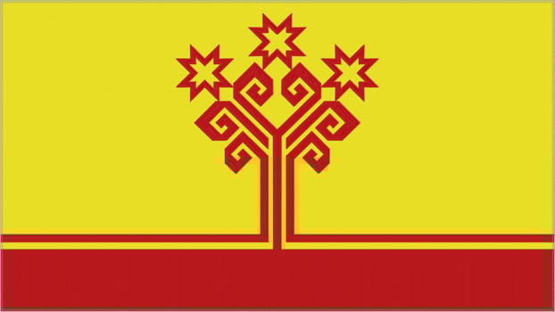 Chuvashia embroidery flag. Chuvash emblem stitched fabric. Embroidered coat of arms. Country symbol textile background. photo