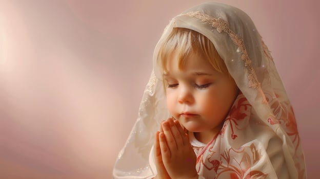 religious angel kid little girl praying to god holy light, ai photo