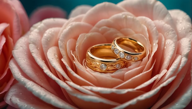 Two gold wedding rings, flowers photo