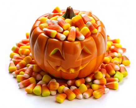 a halloween pumpkin filled with candy corn photo
